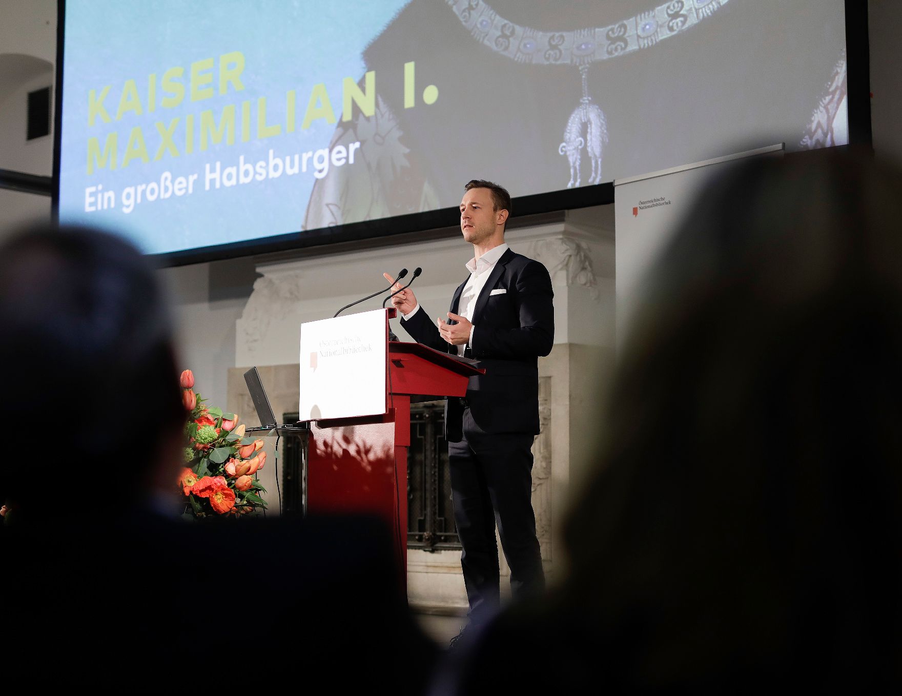 Am 14. März 2019 eröffnete Bundesminister Gernot Blümel (im Bild) die Ausstellung "Kaiser Maximilan I. Ein Großer Habsburger" in der Österreichischen National Bibliothek.