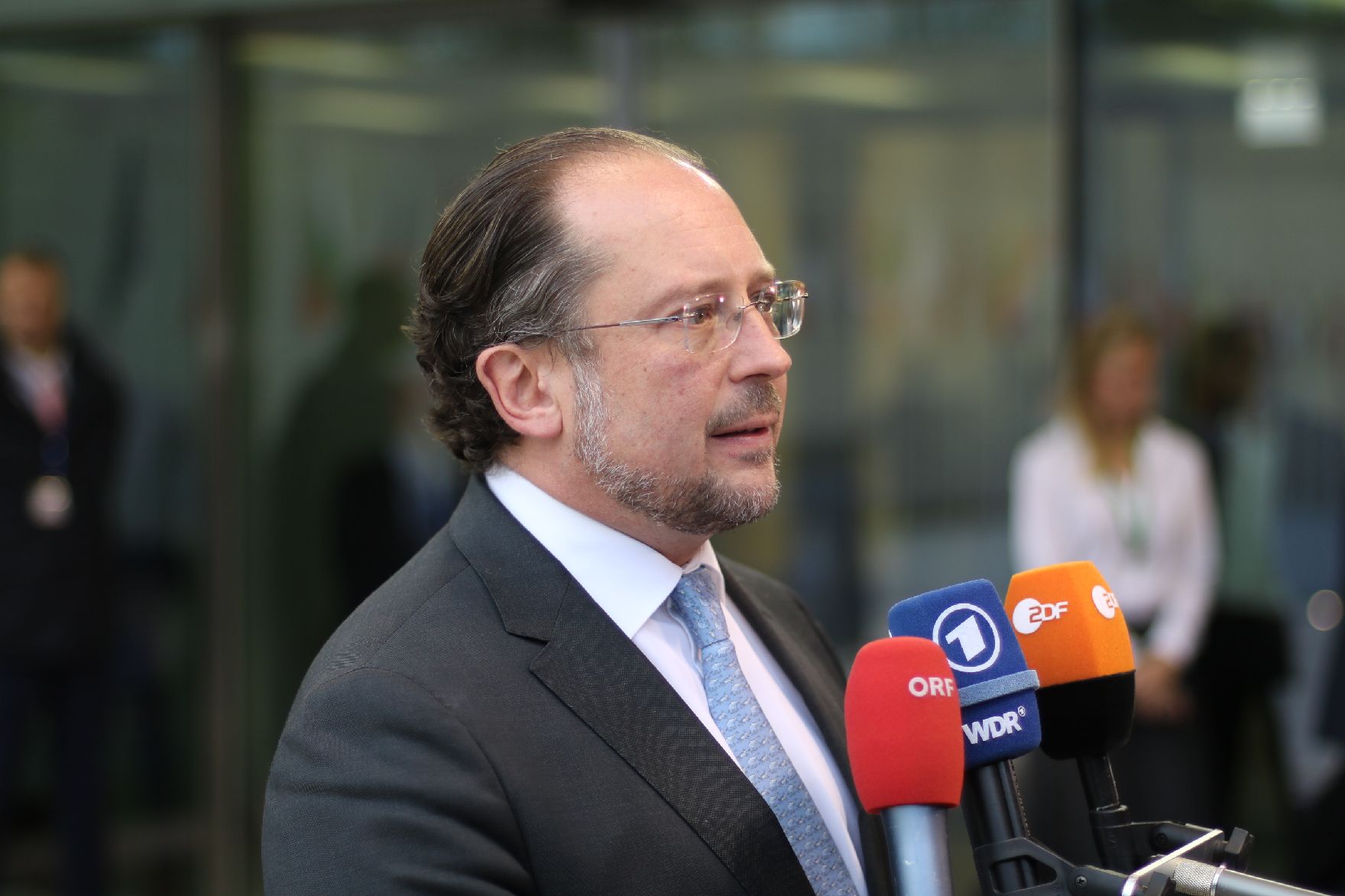 Am 15. Oktober 2019 fand der Allgemeine Rat der Europäischen Union in Luxemburg statt. Im Bild Bundesminister Alexander Schallenberg bei einem Pressestatement.