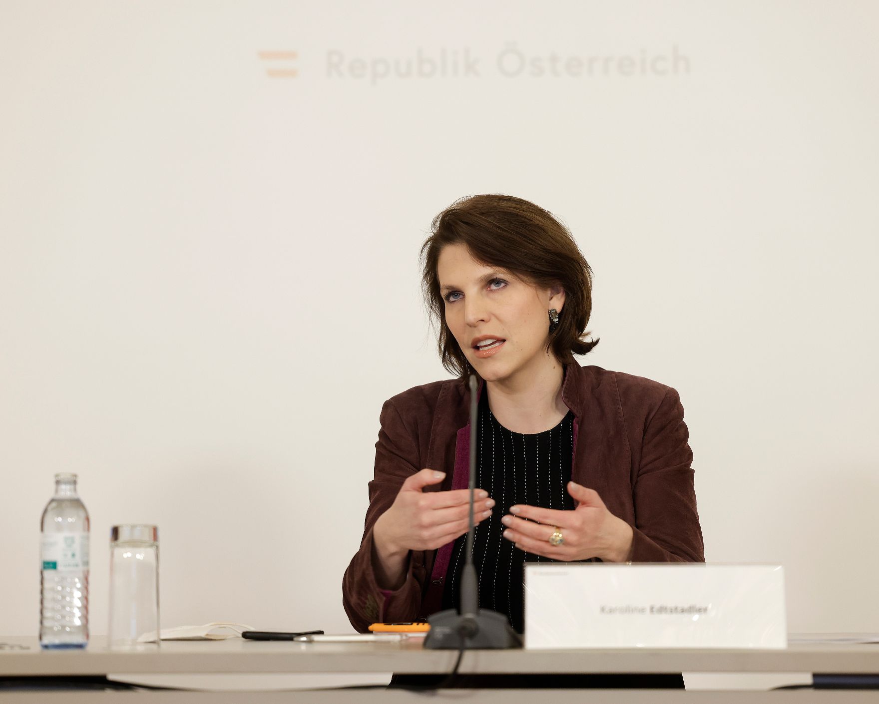 Am 16. Februar 2021 nahm Bundesministerin Karoline Edtstadler (im Bild) gemeinsam mit dem Präsidenten des Niederösterreichischen Gemeindebunds Alfred Riedl an der Videokonferenz mit Bürgermeisterinnen, Bürgermeistern, EU-Gemeinderätinnen und EU-Gemeinderäten teil.