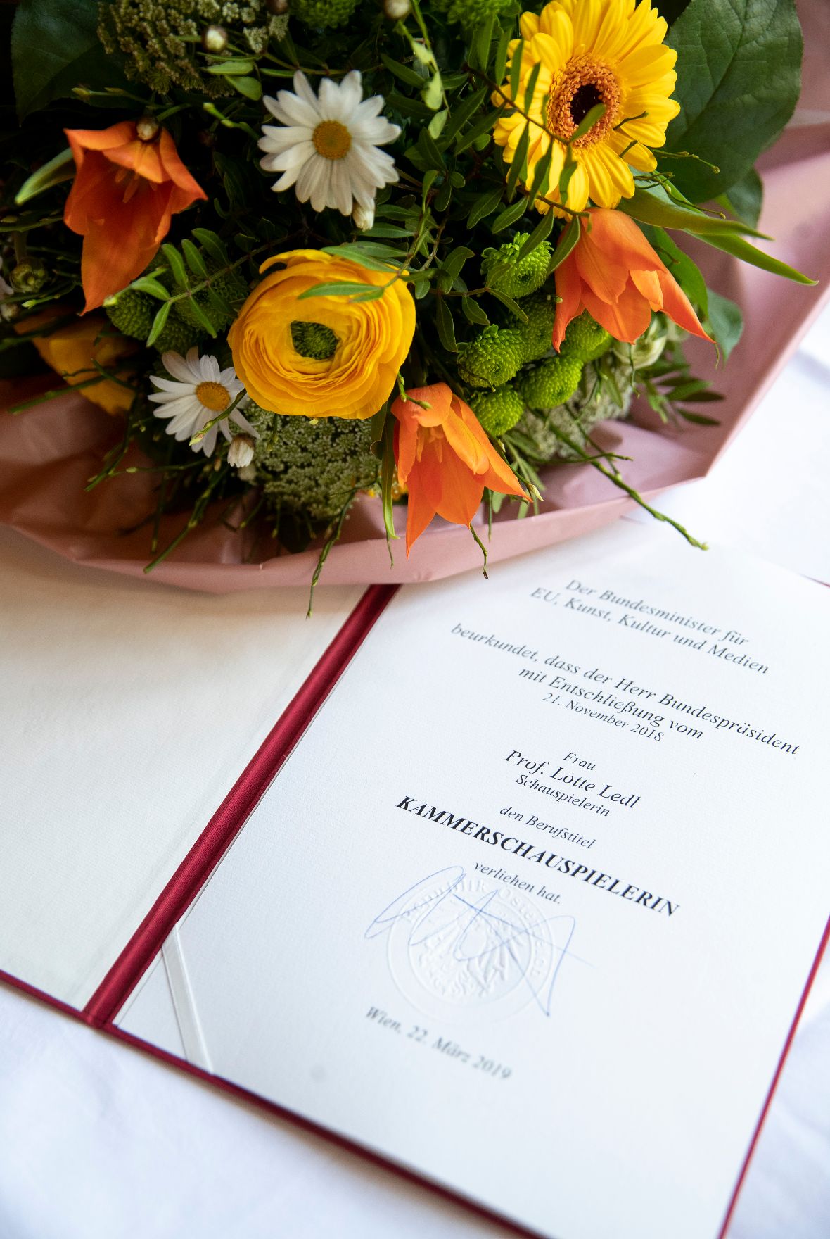 Am 22. März 2019 überreichte Sektionschef Jürgen Meindl die Urkunde, mit der Lotte Ledl der Berufstitel Kammerschauspielerin verliehen wurde.