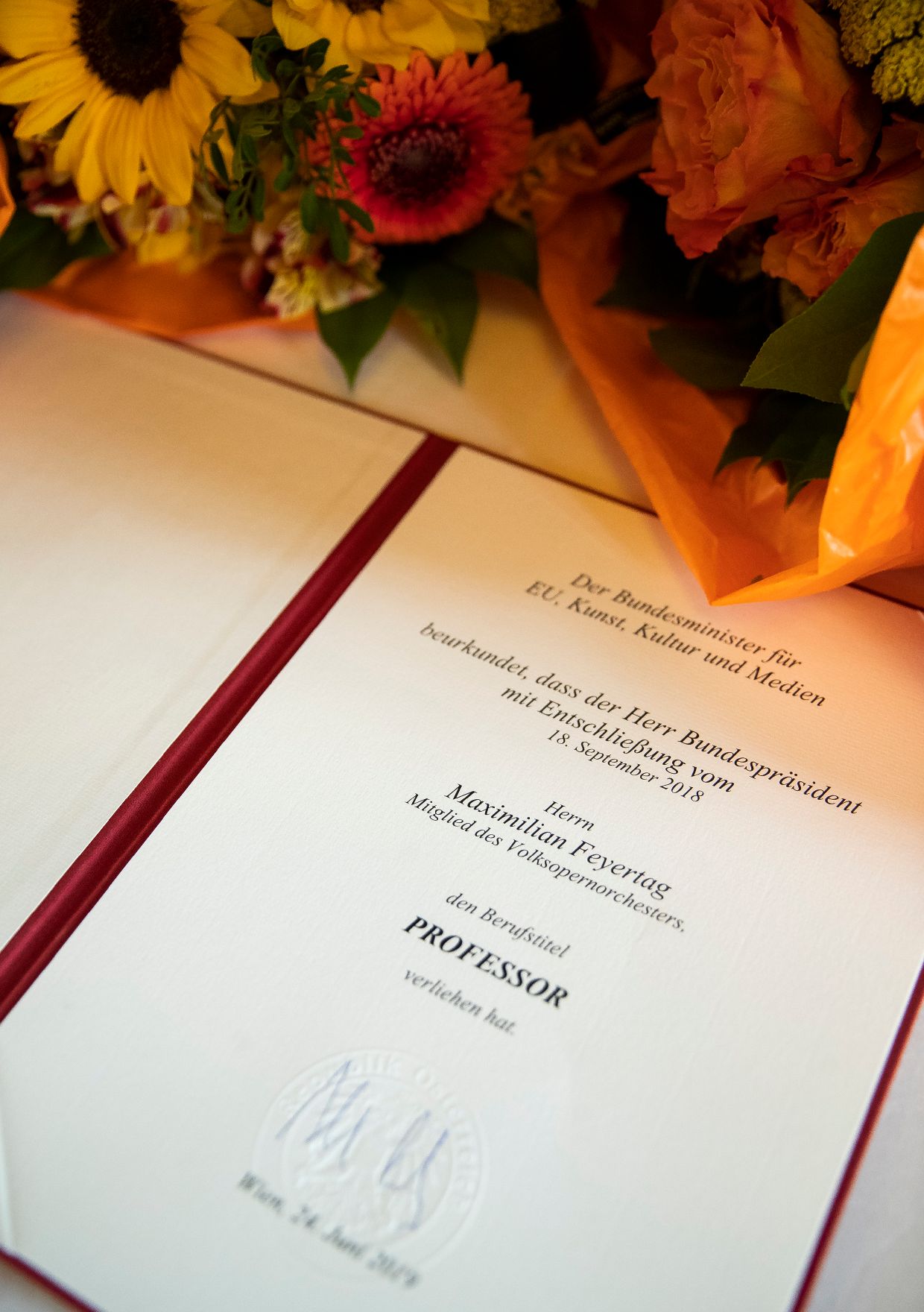 Am 24. Juni 2019 überreichte Sektionschef Jürgen Meindl das Goldene Ehrenzeichen für Verdienste um die Republik Österreich an Regine Koch und die Urkunden, mit denen Josef Bednarik, Maximilian Feyertag und Michael Zottl der Berufstitel Professor verliehen wurde.