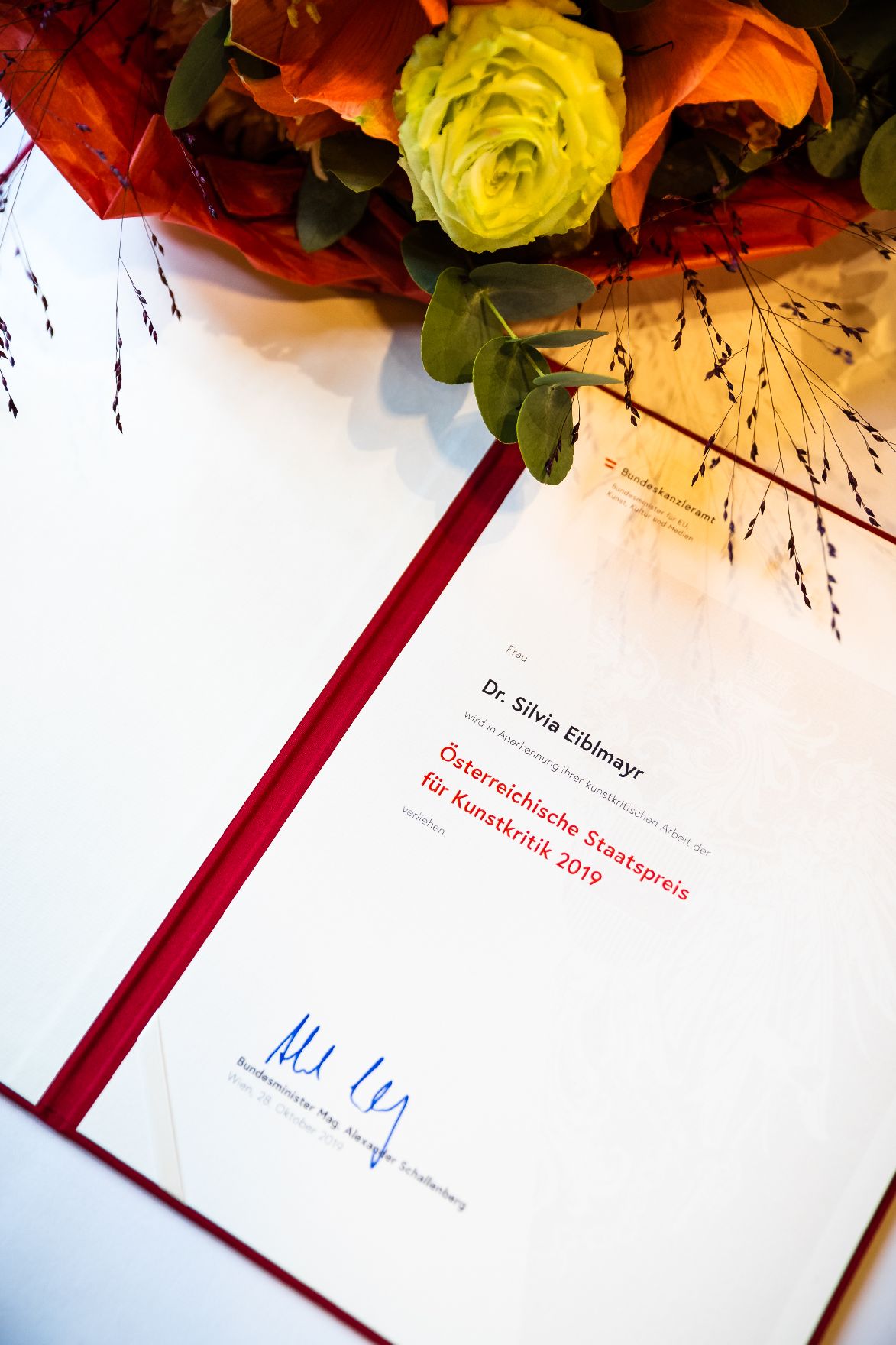Am 28. Oktober 2019 verlieh Sektionschef Jürgen Meindl den Österreichischen Staatspreis für Kunstkritik an Silvia Eiblmayr.