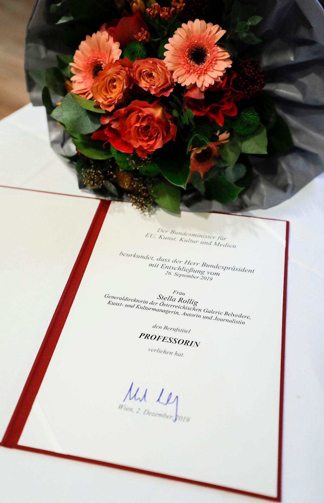 Am 2. Dezember 2019 überreichte Sektionschef Jürgen Meindl die Urkunde über die Verleihung des Berufstitels Professorin an Stella Rollig.