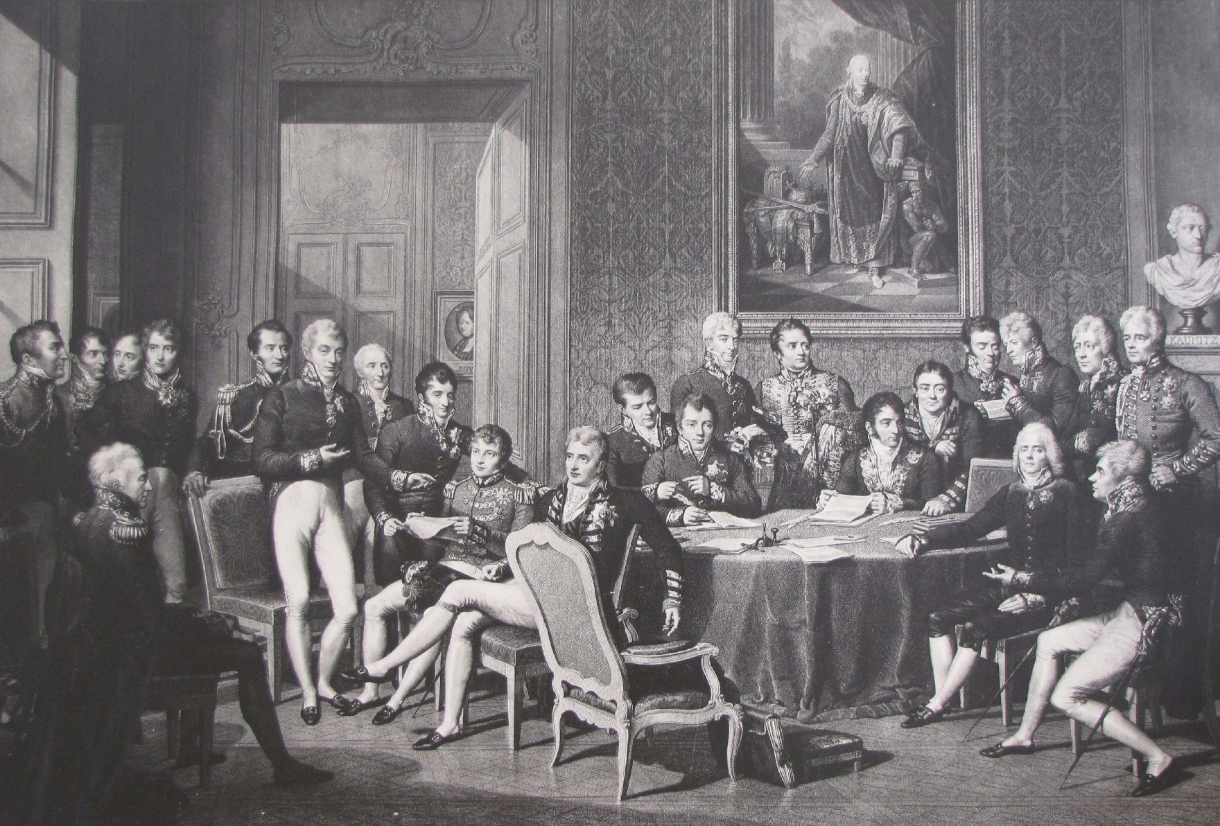 Delegierte des Wiener Kongresses. Kupferstich von Jean Godefroy. Vorne stehend: Fürst Metternich.