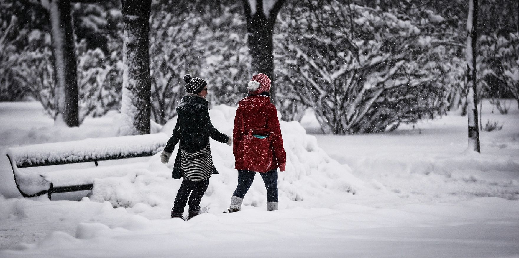 Zwei Spaziergängerinnen im winterlichen Volksgarten. Schlagworte: Menschen, Natur, Parkbank, Schnee, Stadtlandschaft, Winter
