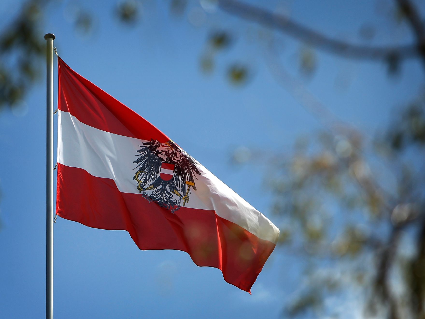 Die österreichische Fahne weht im Wind. Schlagworte: Fahne, Flagge, Himmel, Mast