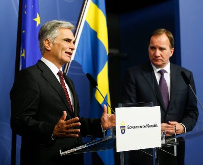 Am 8. September 2015 traf Bundeskanzler Werner Faymann (l.) den schwedischen Premierminister Stefan Löfven (r.) zu einem Arbeitsgespräch in Stockholm. Im Anschluss fand eine Pressekonferenz statt.