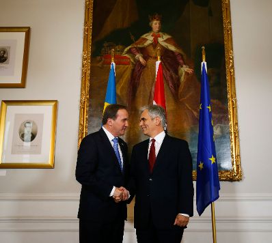 Am 18. September 2015 empfing Bundeskanzler Werner Faymann (r.) den schwedischen Ministerpräsidenten Stefan Löfven (l.) zu einem Arbeitsgespräch im Bundeskanzleramt.