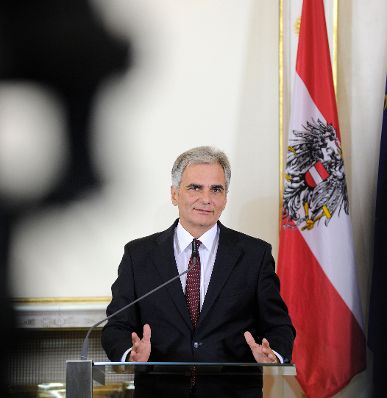 Bundeskanzler Werner Faymann beim Pressefoyer nach dem Ministerrat am 22. September 2015.