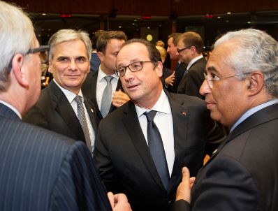 Am 17. Dezember 2015 fand in Brüssel der Europäische Rat der Staats- und Regierungschefs statt. Im Bild (v.l.n.r.) EU-Kommissionspräsident Jean-Claude Juncker, Bundeskanzler Werner Faymann, der französische Staatspräsident François Hollande und der portugiesische Premierminister António Costa.