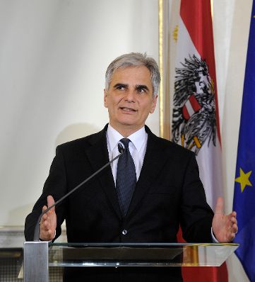Bundeskanzler Werner Faymann beim Pressefoyer nach dem Ministerrat am 15. März 2016.