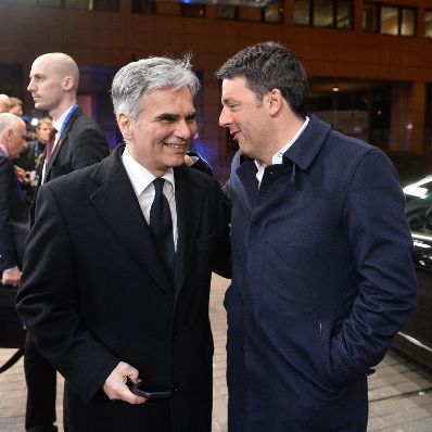 Vom 17.-18. März 2016 fand in Brüssel der Europäische Rat der Staats- und Regierungschefs statt. Im Bild Bundeskanzler Werner Faymann (l.) mit dem italienischen Ministerpräsidenten Matteo Renzi (r.).