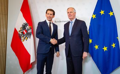 Am 28. Februar 2019 empfing Bundeskanzler Sebastian Kurz (l.) den Beauftragten der EU-Kommission für die Austrittsverhandlungen mit dem Vereinigten Königreich Michel Barnier (r.) zu einem Gespräch.