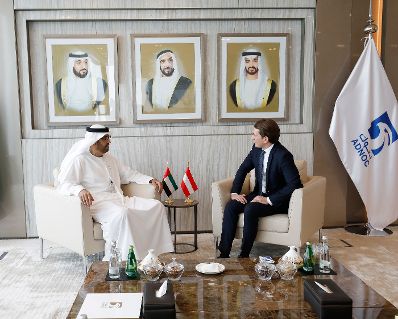 Am 23. März 2019 fand die Arbeitsreise von Bundeskanzler Sebastian Kurz (r.) in den Vereinigten Arabischen Emiraten statt. Im Bild mit Sultan al Jaber (l.), CEO ADNOC.