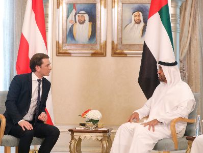 Am 23. März 2019 fand die Arbeitsreise von Bundeskanzler Sebastian Kurz (l.) in den Vereinigten Arabischen Emiraten statt. Im Bild mit Kronprinz Mohammed bin Zayed Al Nahyan (r.).