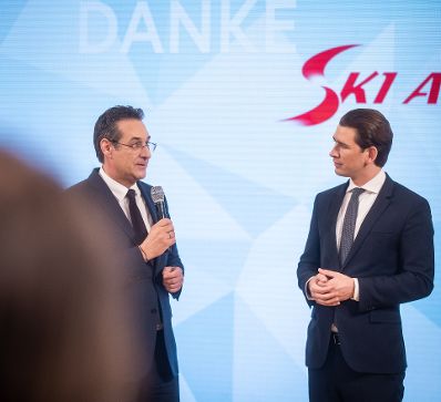 Am 3. April 2019 empfing Bundeskanzler Sebastian Kurz (r.) gemeinsam mit Vizekanzler Heinz-Christian Strache (l.) die ÖSV Atlethen im Bundeskanzleramt.