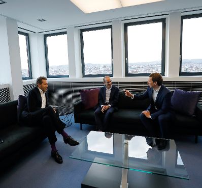 Am 7. Mai 2019 nahm Bundeskanzler Sebastian Kurz (r.) an der Veranstaltung "The European Dream" teil. Im Bild mit dem Wirtschaftskammerpräsident Harald Mahrer (m.) und dem israelischen Historiker Yuval Noah Harari (l.).