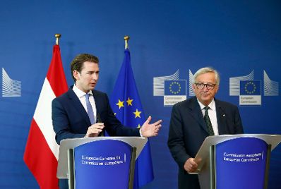 Am 6. Juni 2018 reiste Bundeskanzler Sebastian Kurz (l.) nach Brüssel. Im Bild bei der Pressekonferenz mit dem Präsidenten der Europäischen Kommission Jean-Claude Juncker (r.).
