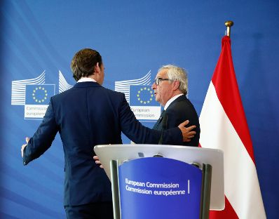 Am 6. Juni 2018 reiste Bundeskanzler Sebastian Kurz (l.) nach Brüssel. Im Bild bei der Pressekonferenz mit dem Präsidenten der Europäischen Kommission Jean-Claude Juncker (r.).