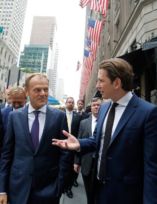 Am 23. September 2018 reiste Bundeskanzler Sebastian Kurz (r.) anlässlich der UN-Generalversammlung nach New York. Im Bild mit dem Präsidenten des Europäischen Rates Donald Tusk (l.).