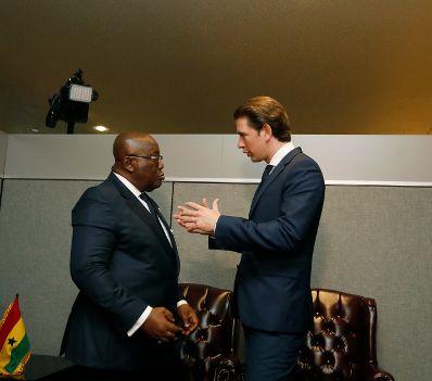 Am 24. September 2018 setzte Bundeskanzler Sebastian Kurz (r.) seine Reise anlässlich der UN-Generalversammlung nach New York fort. Im Bild mit dem Präsidenten von Ghana Nana Addo Dankwa Akufo-Addo (l.).