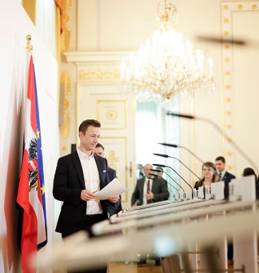 Am 21. Februar 2019 lud Bundesminister Gernot Blümel zur Konferenz "Future of the EU - view from the Western Balkans". Im Bild beim Pressestatement.