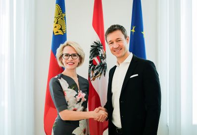 Am 7. März 2018 empfing Bundesminister Gernot Blümel (r.) Aurelia Frick (l.), Ministerin für Äußeres, Justiz und Kultur des Fürstentums Liechtenstein.