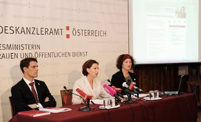 Am 3. Oktober 2011 präsentierte die Frauenministerin Gabriele Heinisch Hosek (m.) gemeinsam mit Heidemarie Müller-Riedlhuber, 3s Unternehmensberatung (r.) und Konrad Pesendorfer, Statistik Austria (l.) den neuen Online-Gehaltsrechner.