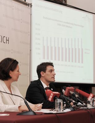 Am 3. Oktober 2011 präsentierte die Frauenministerin Gabriele Heinisch Hosek (l.) gemeinsam mit Heidemarie Müller-Riedlhuber, 3s Unternehmensberatung und Konrad Pesendorfer, Statistik Austria (r.) den neuen Online-Gehaltsrechner.