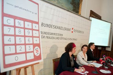 Am 3. Oktober 2011 präsentierte die Frauenministerin Gabriele Heinisch Hosek (m.) gemeinsam mit Heidemarie Müller-Riedlhuber, 3s Unternehmensberatung (l.) und Konrad Pesendorfer, Statistik Austria (r.) den neuen Online-Gehaltsrechner.