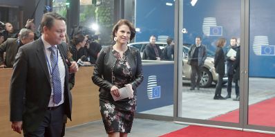 Am 25. Februar 2020 nahm Bundesministerin Karoline Edtstadler am Rat für Allgemeine Angelegenheiten in Brüssel teil. Im Bild beim Doorstep.