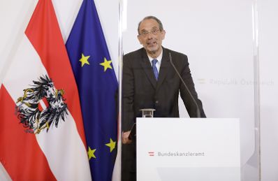 Am 8. April 2020 fand ein Pressestatement zu den Maßnahmen gegen die Krise im Bundeskanzleramt statt. Im Bild Bildungsminister Heinz Fassmann.