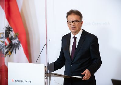 Am 15. Mai 2020 fand ein Pressestatement zu den Maßnahmen gegen die Krise im Bundeskanzleramt statt. Im Bild Gesundheitsminister Rudolf Anschober.