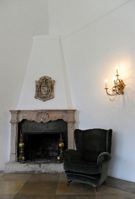 Ein Ohrensessel neben einem Kamin im Wiener Schloss Laudon. Schlagworte: Inneneinrichtung, Lampe, Licht, Wappen