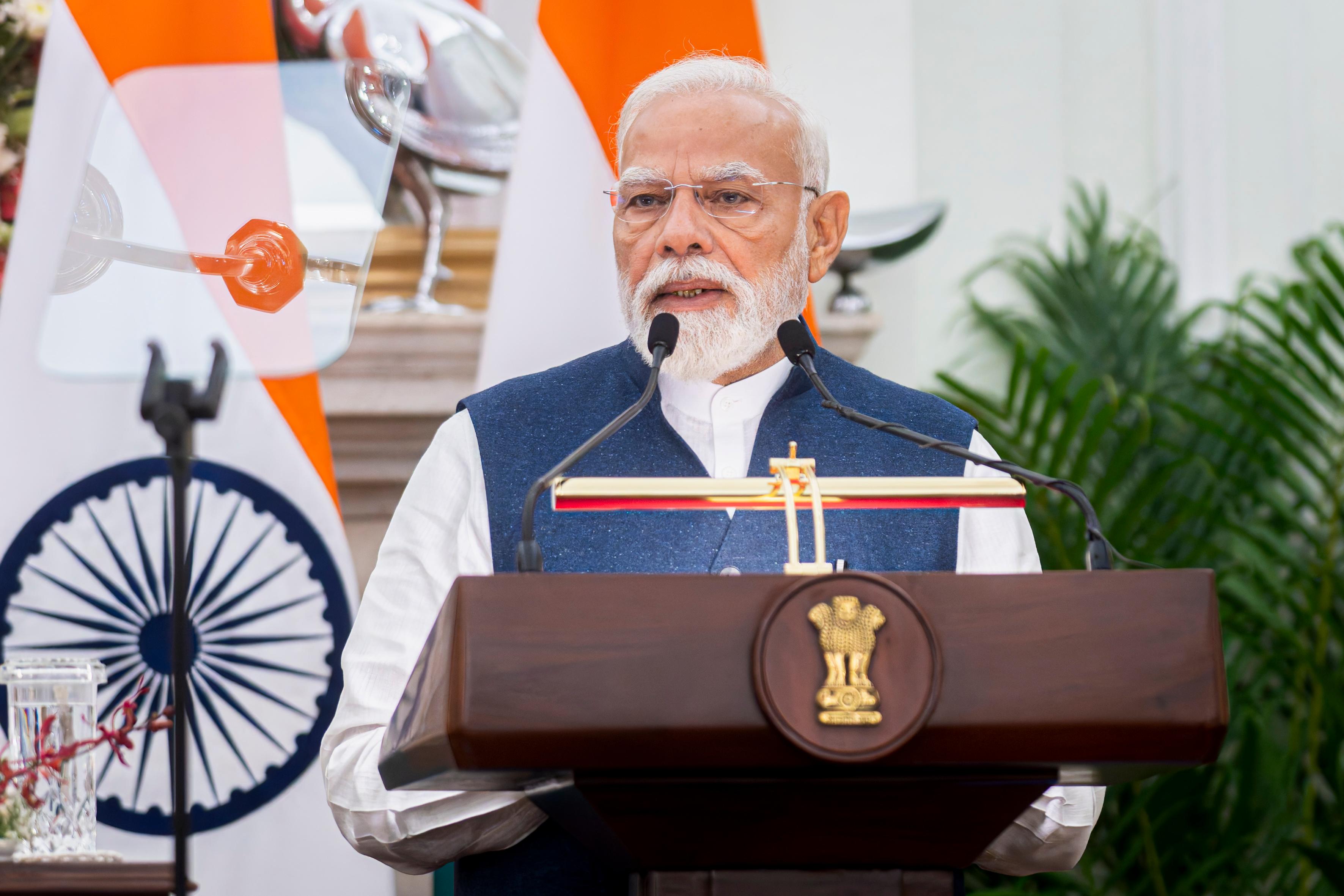 Am 16. April 2026 setzte Bundeskanzler Christian Stocker seinen mehrtägigem Arbeitsbesuch in Indien fort. Im Bild mit dem Premierminister von Indien Narendra Modi (im Bild) bei der anschließenden Pressekonferenz.