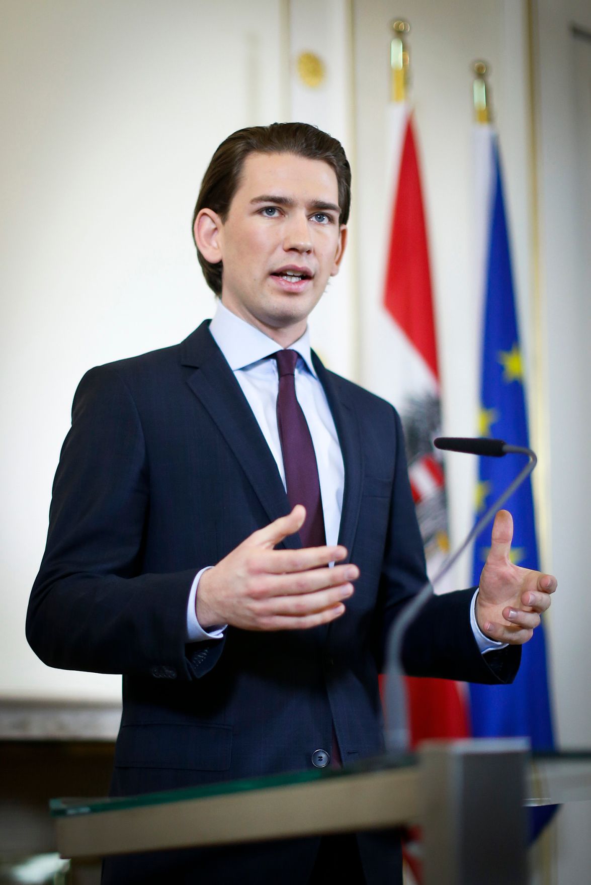 Au&szlig;enminister Sebastian Kurz beim Pressefoyer nach dem Ministerrat am 18. Februar 2014.