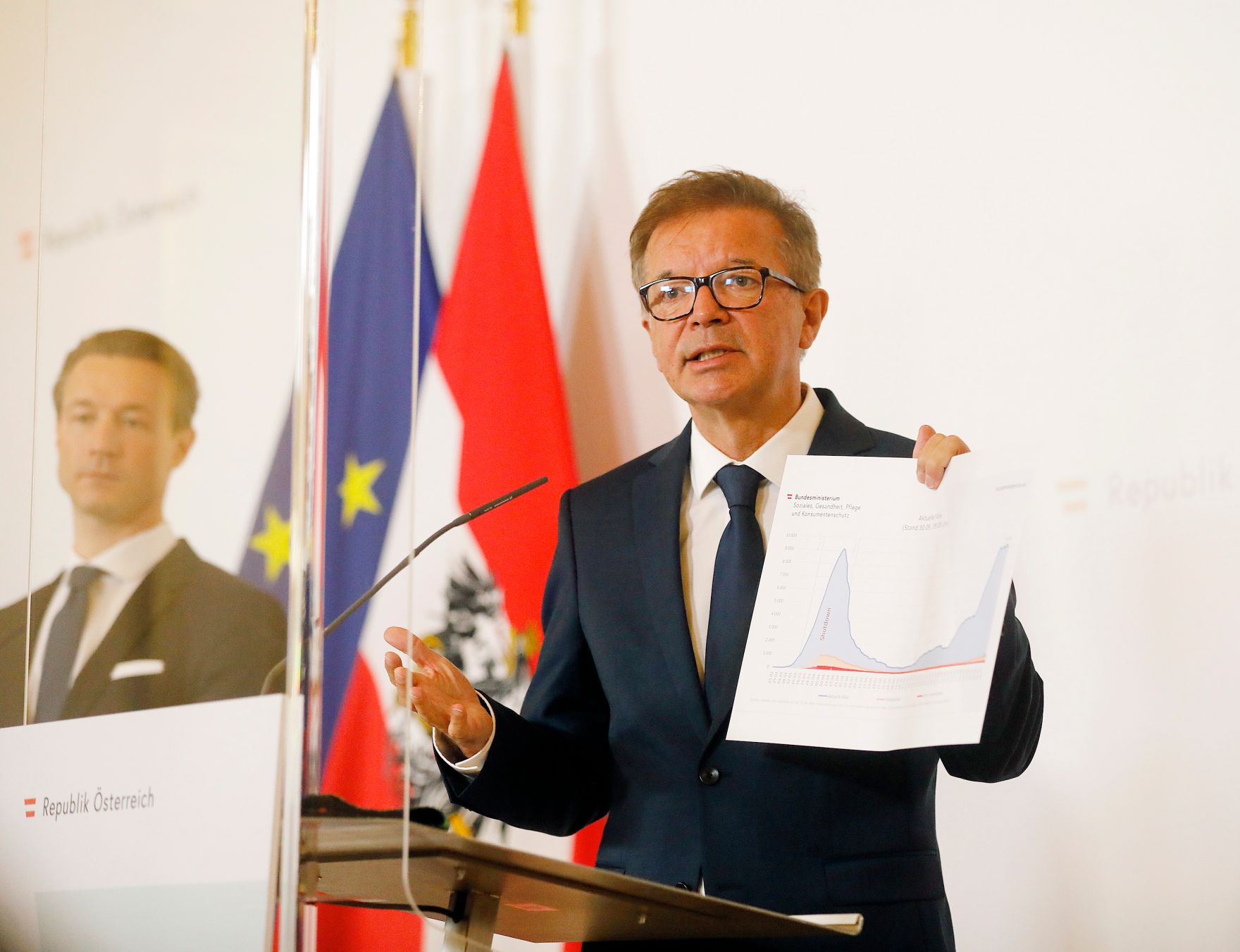 Im Bild Gesundheitsminister Rudolf Anschober (r.) und Finanzminister Gernot Bl&uuml;mel (l.) beim Pressefoyer nach dem Ministerrat am 30. September 2020.