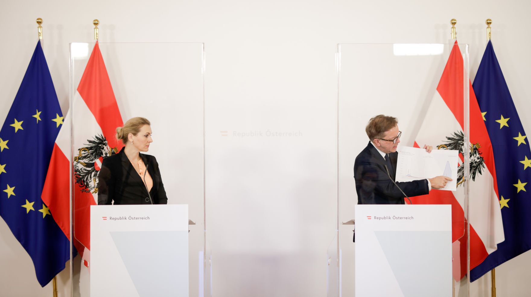 Am 14. Dezember 2020 fand ein Pressestatement zu den Ma&szlig;nahmen gegen die Krise im Bundeskanzleramt statt. Im Bild Bundesministerin Christine Aschbacher (l.) und Bundesminister Rudolf Anschober (r.).