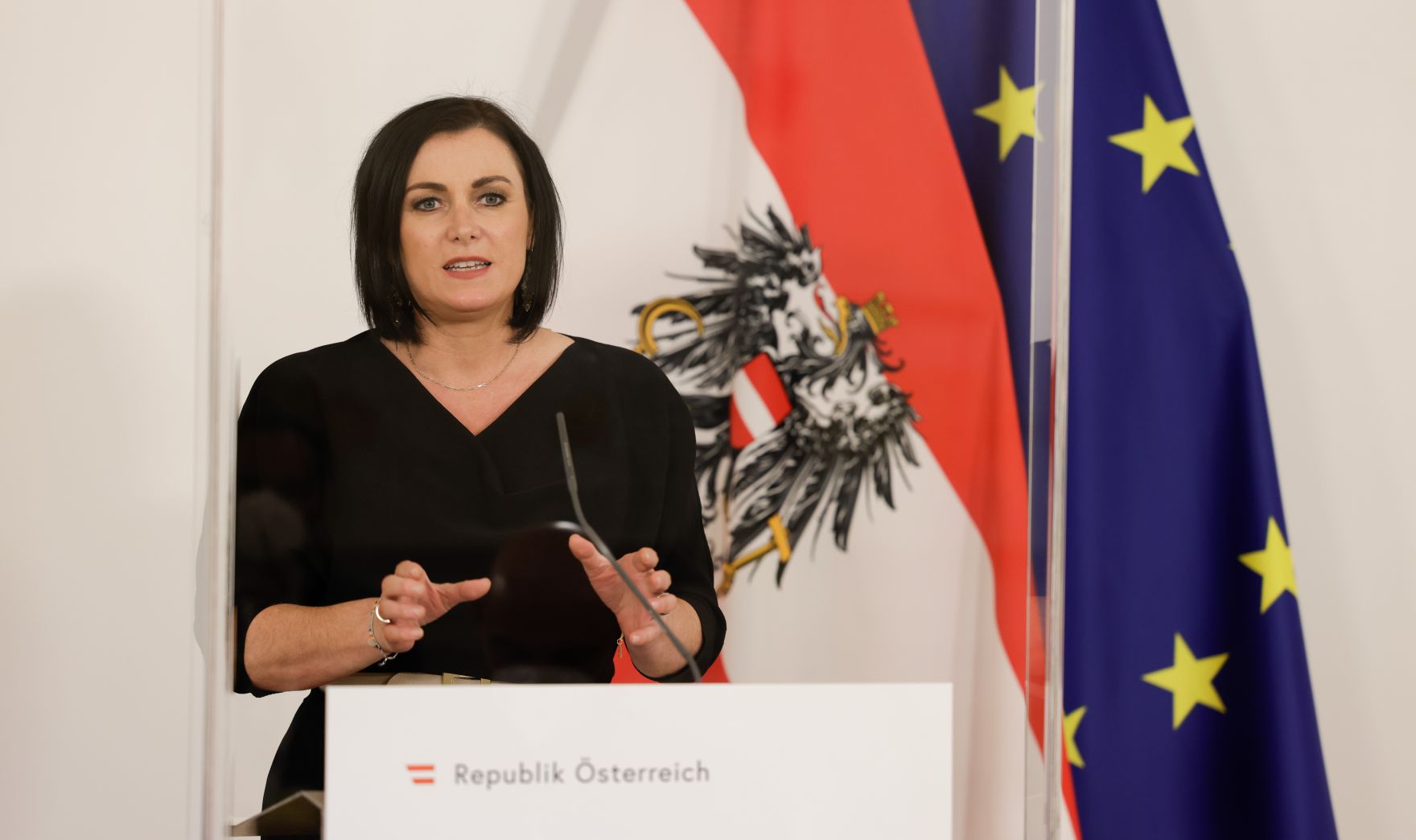 Am 17. Dezember 2020 fand ein Pressestatement zu den Ma&szlig;nahmen gegen die Krise im Bundeskanzleramt statt. Im Bild Vizekanzler Werner Kogler und Bundesministerin Elisabeth K&ouml;stinger (im Bild).