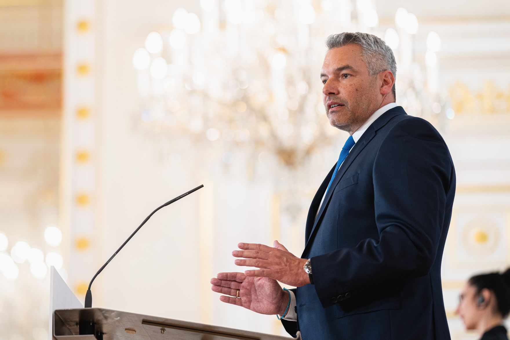 Am 18. August 2021 gab Innenminister Karl Nehammer (im Bild) ein Pressestatement vor dem Sonderrat der EU-Innenminister.