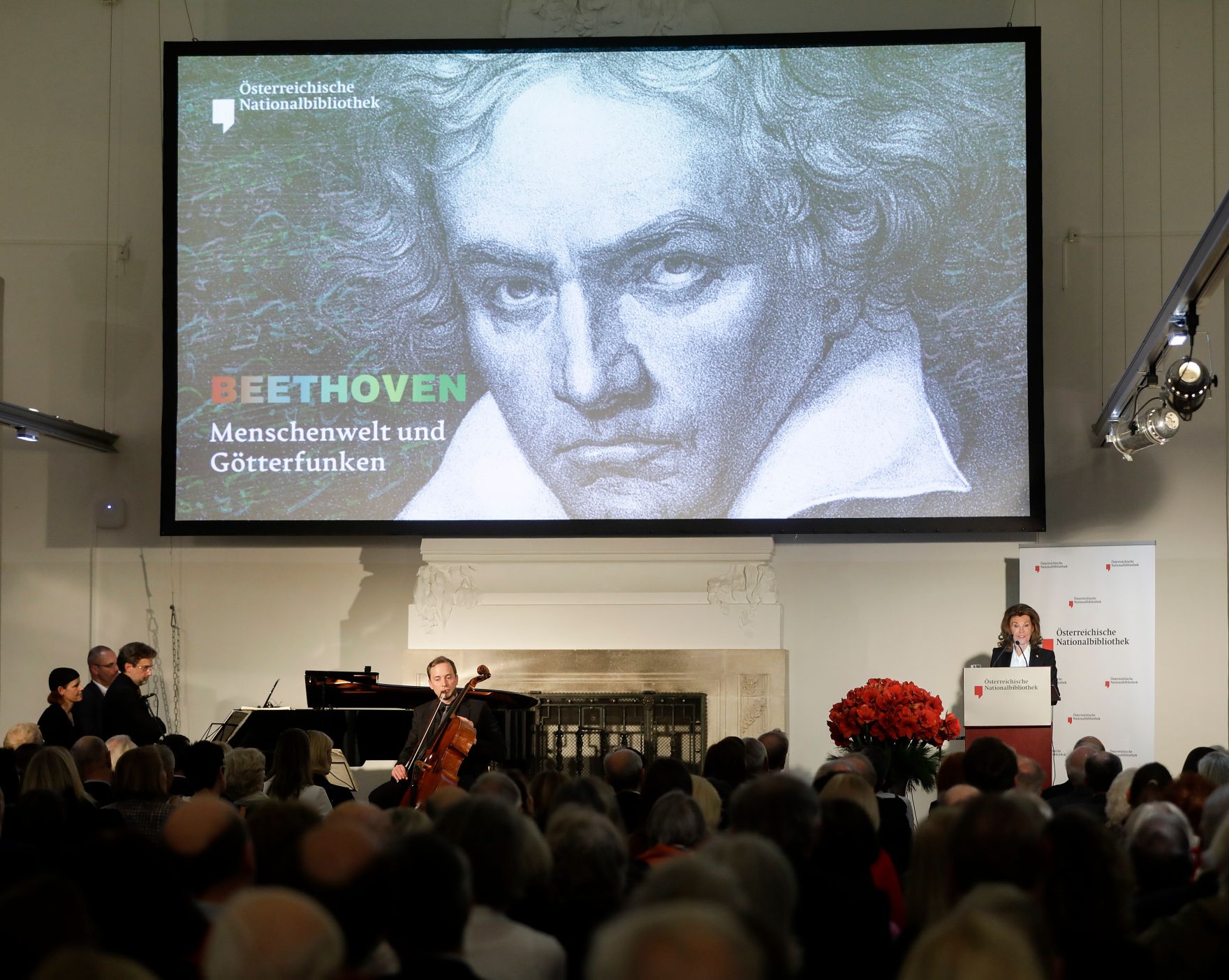 Am 18. Dezember 2019 er&ouml;ffnete Bundeskanzlerin Brigitte Bierlein die Ausstellung &bdquo;Beethoven. Menschenwelt und G&ouml;tterfunken&ldquo; in der &Ouml;sterreichischen Nationalbibliothek.