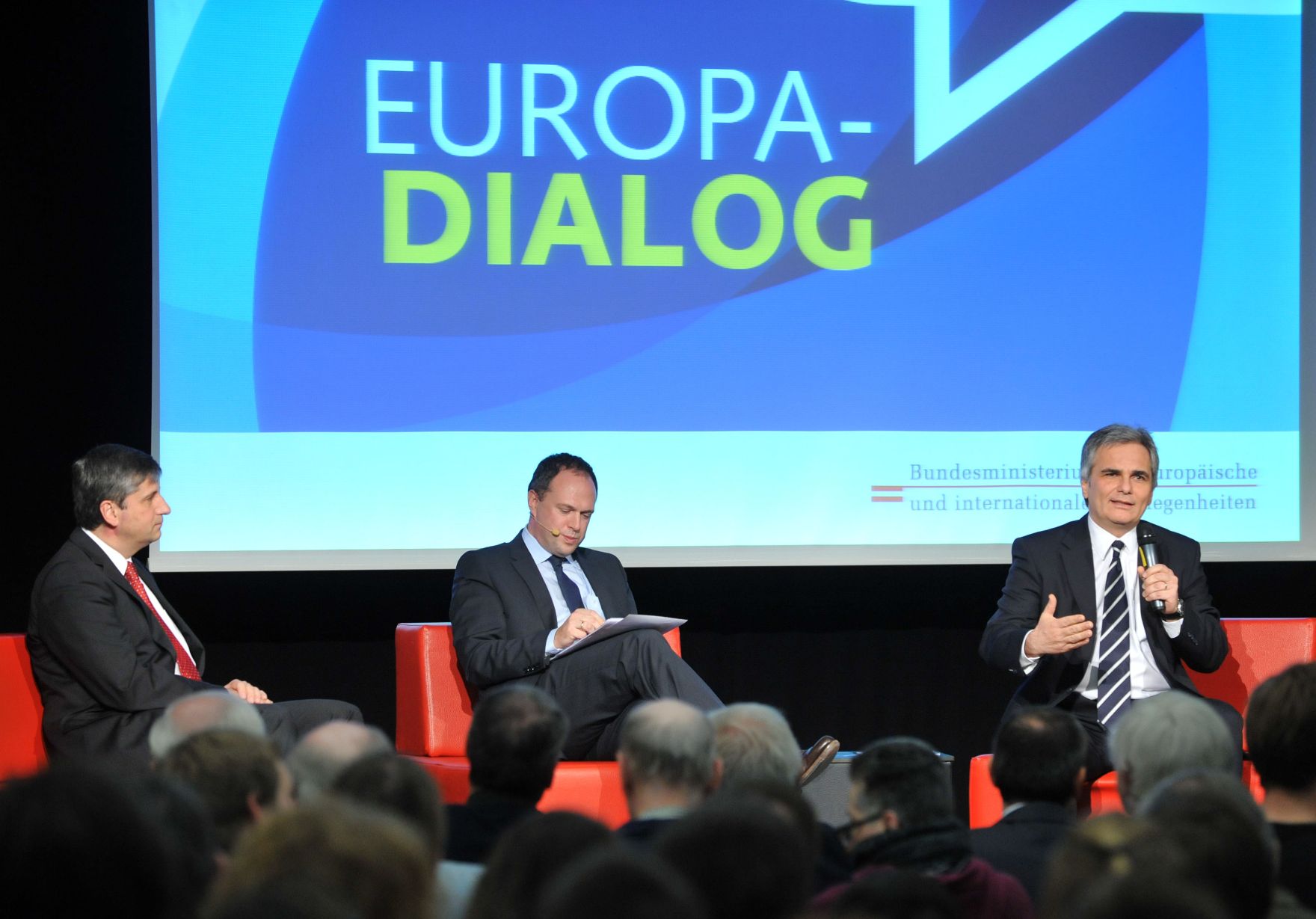 Montag, den 23. November 2009 fand an der Fachhochschule in St. P&ouml;lten, Nieder&ouml;sterreich die Auftaktveranstaltung &quot;'EUROPA-DIALOG&quot; mit Bundeskanzler Werner Faymann (R) und Au&szlig;enminister Michael Spindelegger (L) statt. In der Bildmitte der Moderator, ORF-N&Ouml; Chefredakteuer Richard Grasl.