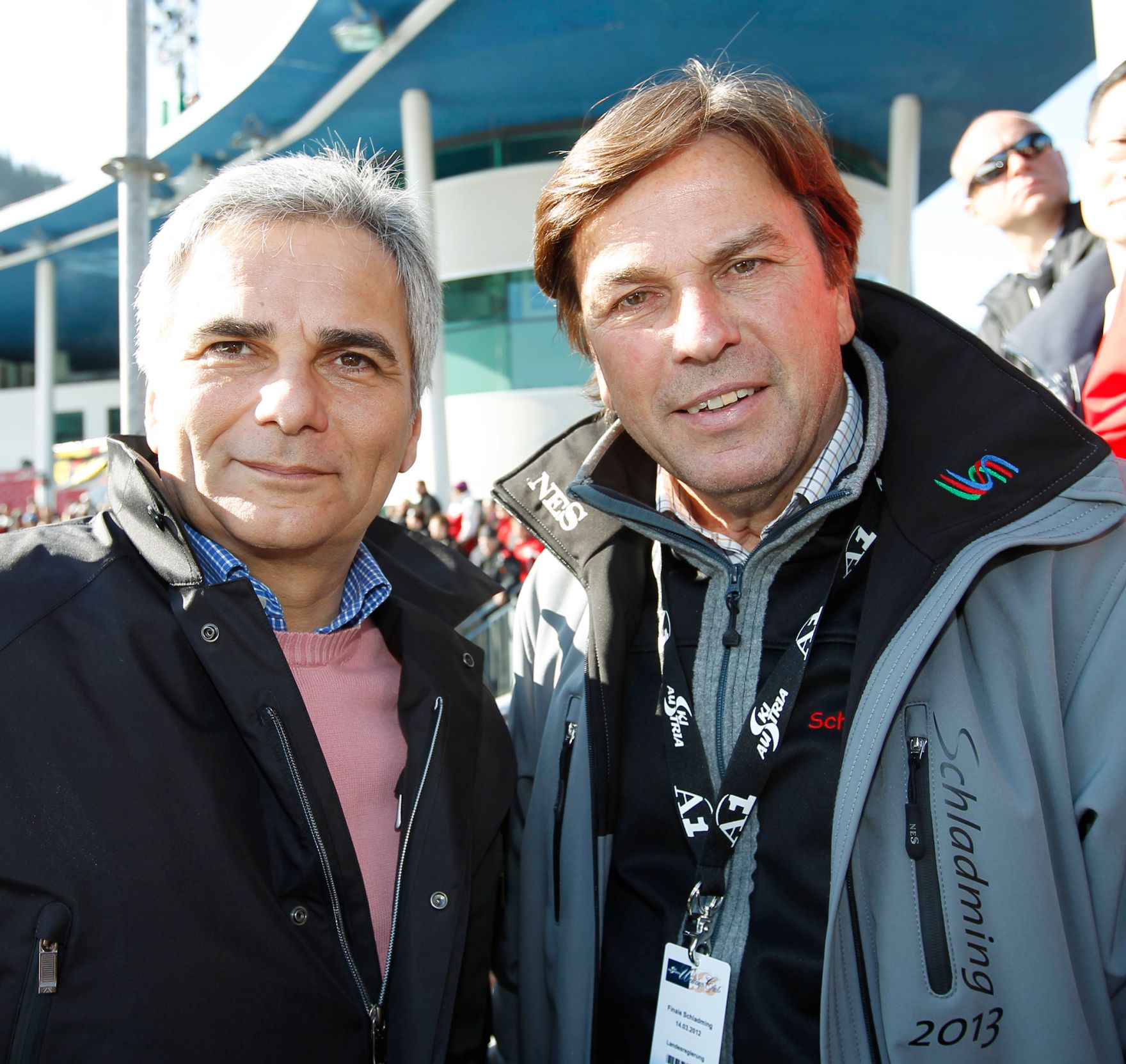 Am 14. M&auml;rz 2012 besuchte Bundeskanzler Werner Faymann (l.) das Ski-Weltcup-Finale in Schladming. Im Bild mit Steiermarks Landeshauptmann Franz Voves (r.).
