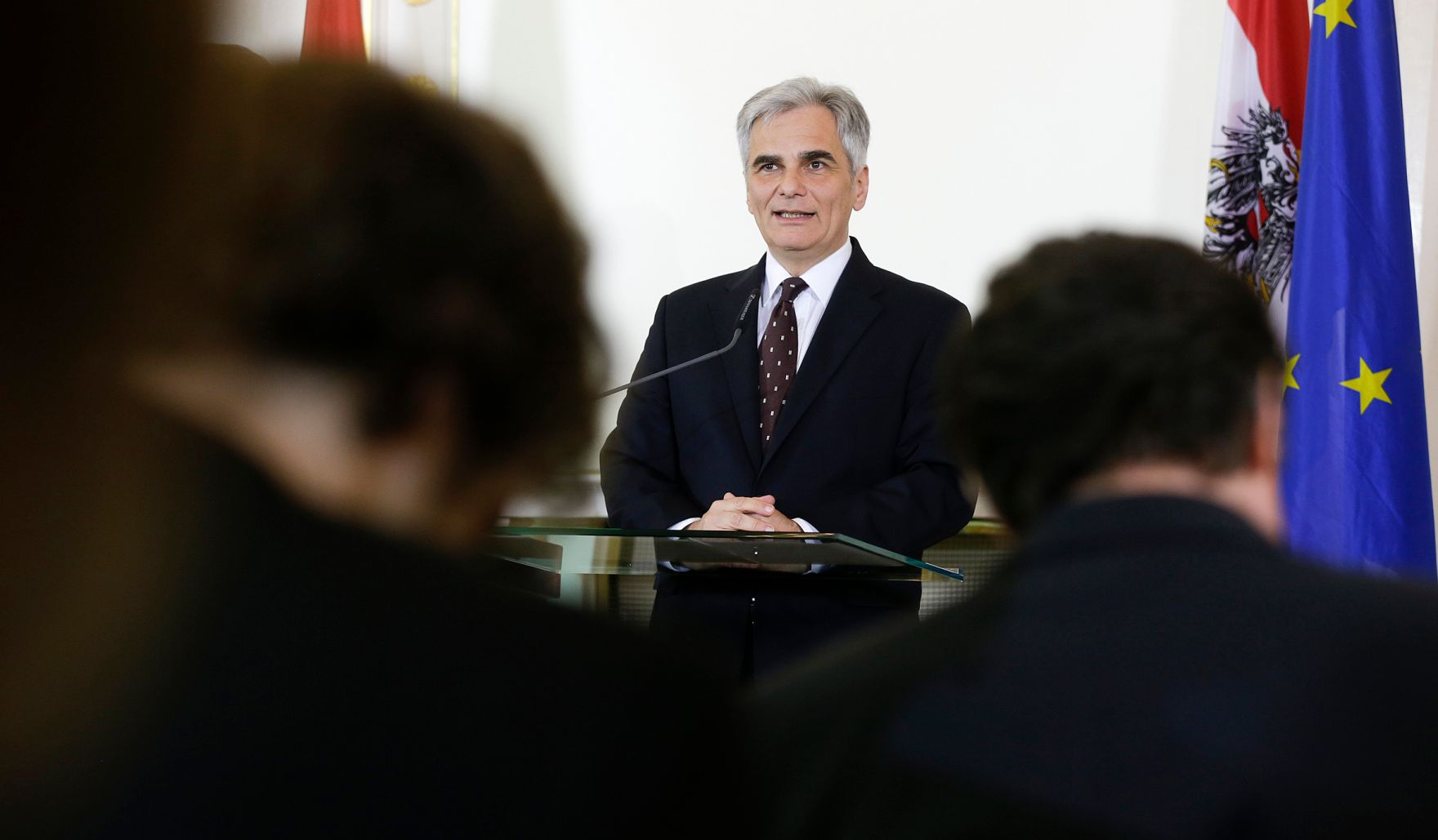 Bundeskanzler Werner Faymann beim Pressefoyer nach dem Ministerrat am 5. April 2016.