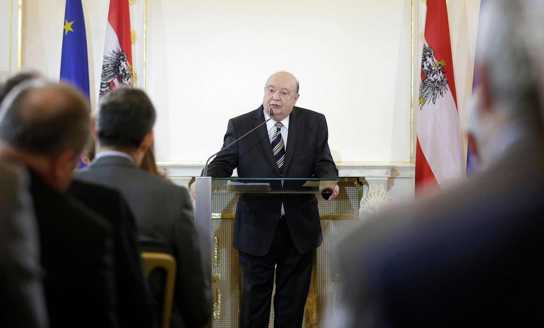 Am 8. Mai 2016 fand im Bundeskanzleramt ein Festakt zum Gedenken an die Befreiung vom Nationalsozialismus und an die Beendigung des Zweiten Weltkrieges in Europa statt. Im Bild Rudolf Gelbard bei seiner Ansprache.