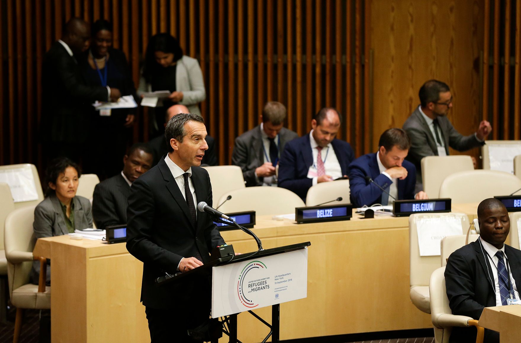 Am 19. September 2016 nahm der Bundeskanzler am Gipfeltreffen der Vereinten Nationen zu Flucht und Migration in New York teil. Im Bild Bundeskanzler Christian Kern bei seiner Rede.