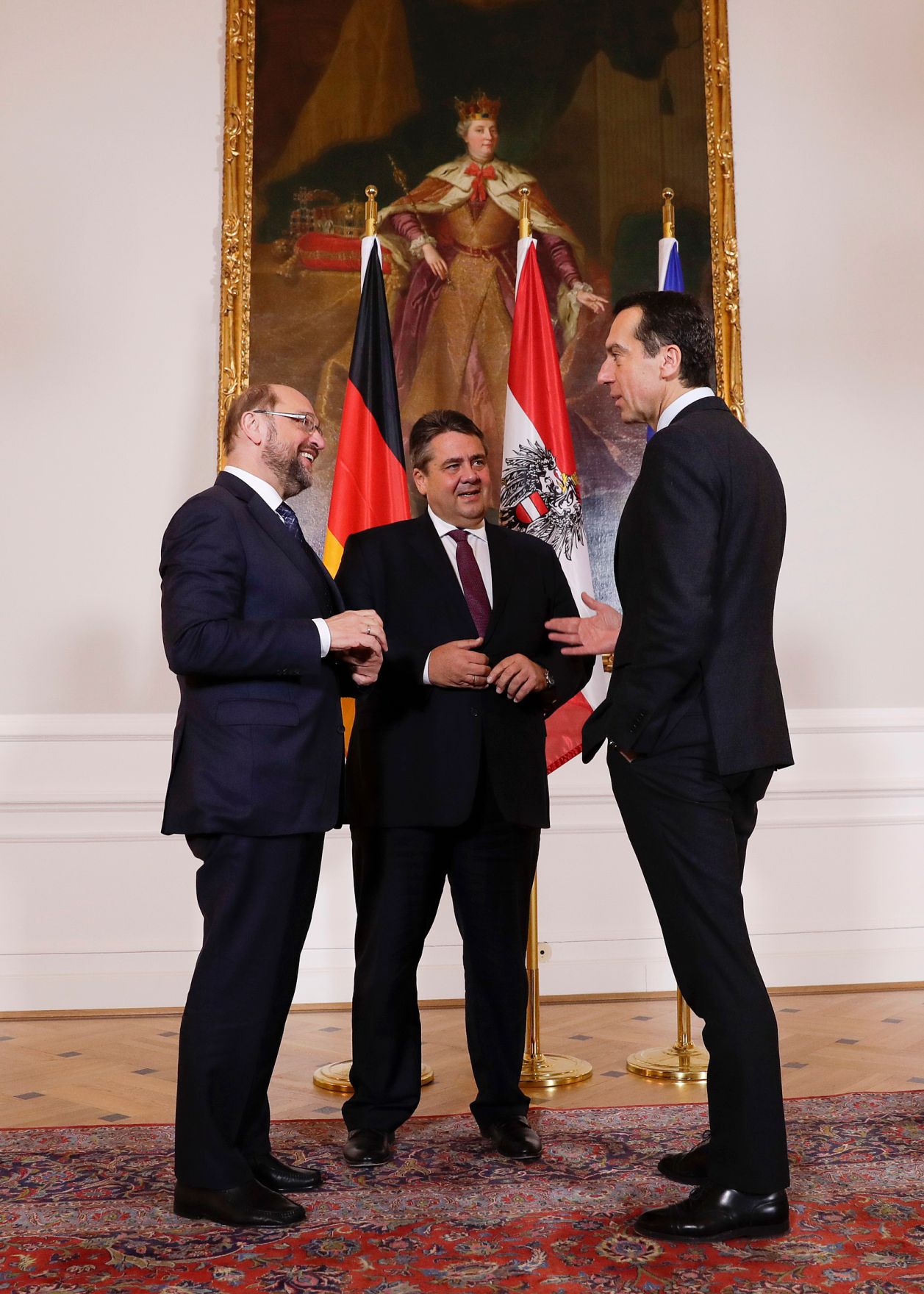 Am 28. November 2016 empfing Bundeskanzler Christian Kern (r.) den deutschen Vizekanzler Sigmar Gabriel (m.) und den Pr&auml;sidenten des Europ&auml;ischen Parlamentes Martin Schulz (l.) zu einem Arbeitsgespr&auml;ch im Bundeskanzleramt.
