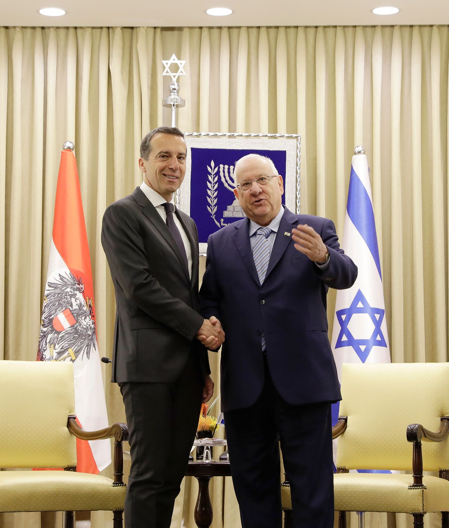 Am 23. April 2017 besuchte Bundeskanzler Christian Kern (l.) das Land Israel. Im Bild mit dem israelischen Pr&auml;sidenten Reuven Rivlin (r.).