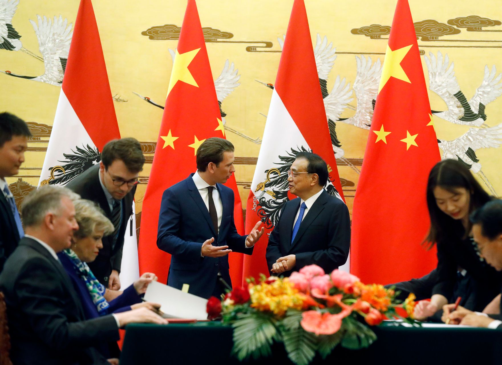 Am 28. April 2019 fand die Arbeitsreise von Bundeskanzler Sebastian Kurz (m.l.) in China statt. Im Bild mit dem chinesischen Ministerpr&auml;sidenten Li Keqiang (m.r.).