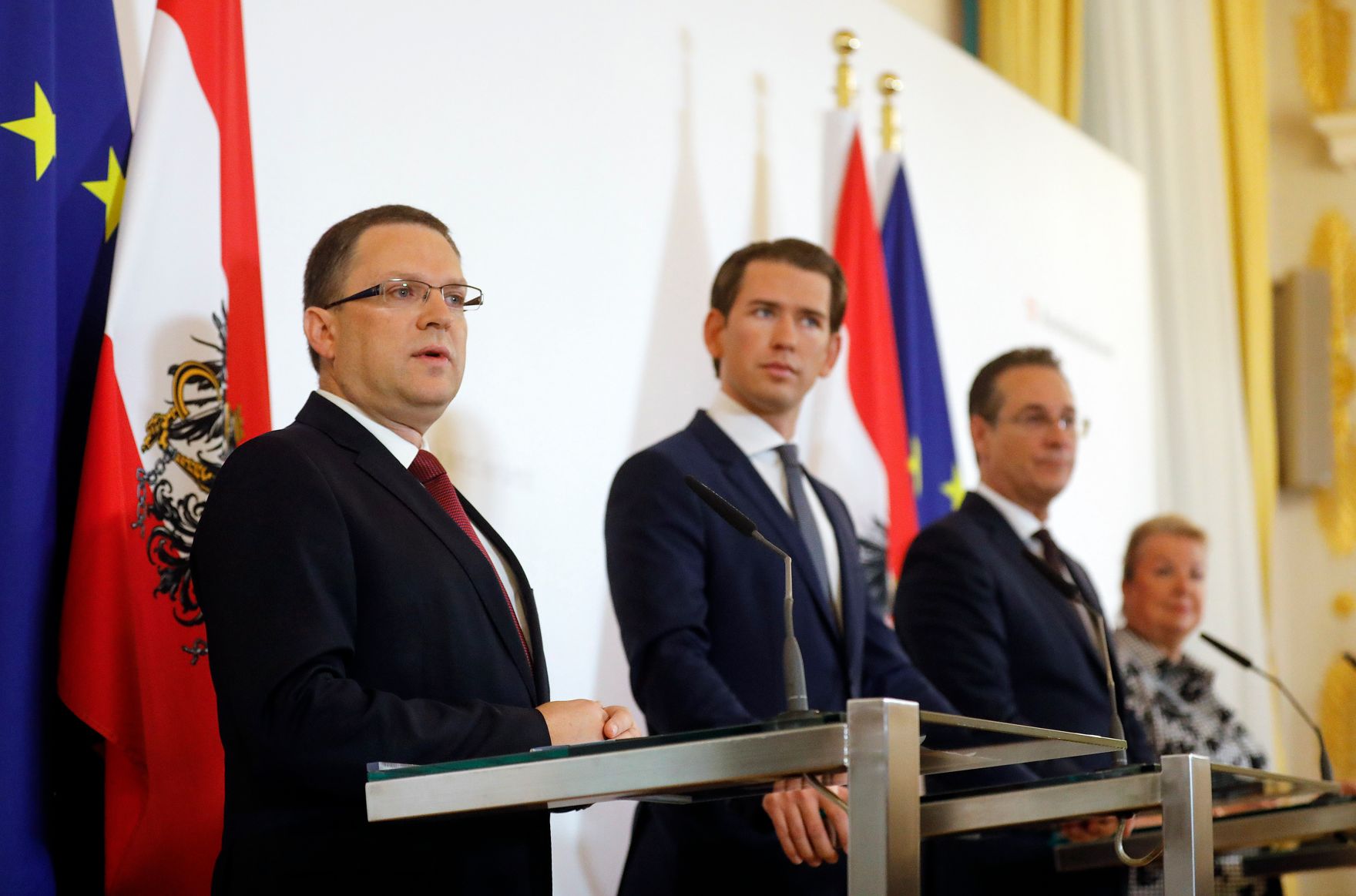 Am 16. Mai 2019 fand eine Pressekonferenz zum Thema Mindestpension statt. Im Bild (v.l.n.r.) &Ouml;VP-Sozialsprecher August W&ouml;ginger, Bundeskanzler Sebastian Kurz, Vizekanzler Heinz-Christian Strache und Bundesministerin Beate Hartinger-Klein.